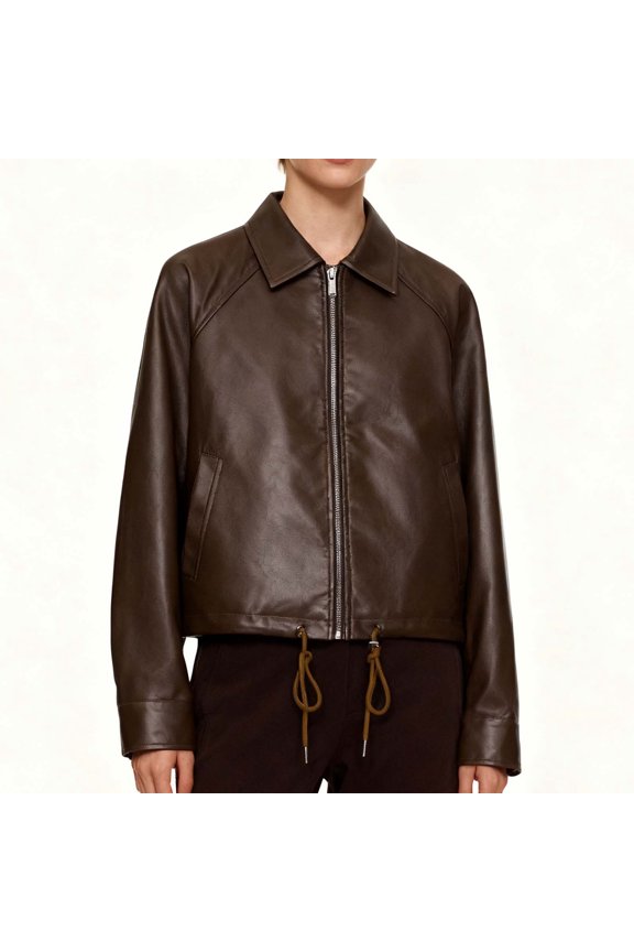 Women's Casual Long Sleeve Leather Fall Jacket - Notched Collar Front Zip Solid Color Coat with Zippered Pockets - Collarless Design Outerwear for Fashionable Look