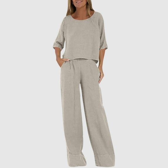 Roncen Women's Casual Loose-Fit Solid Short Sleeve Pants Set - Relaxed Two-Piece Outfit with Round Neck T-Shirt & Stylish Shirt Co-ords, Pure Color Summer Lounge Wear