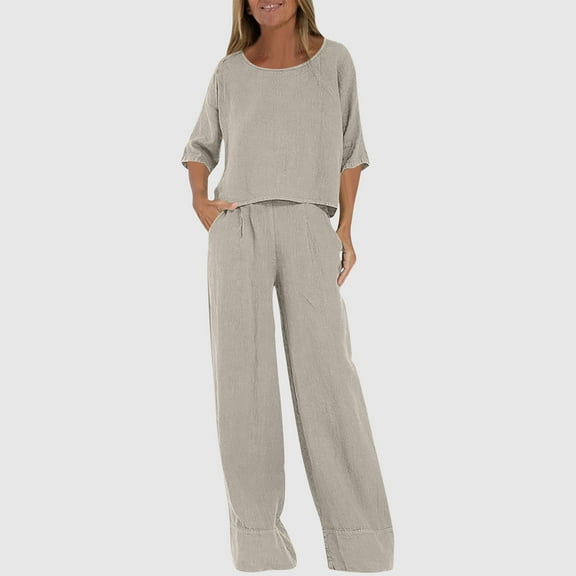 Roncen Women's Casual Loose-Fit Solid Short Sleeve Pants Set - Relaxed Two-Piece Outfit with Round Neck T-Shirt & Stylish Shirt Co-ords, Pure Color Summer Lounge Wear