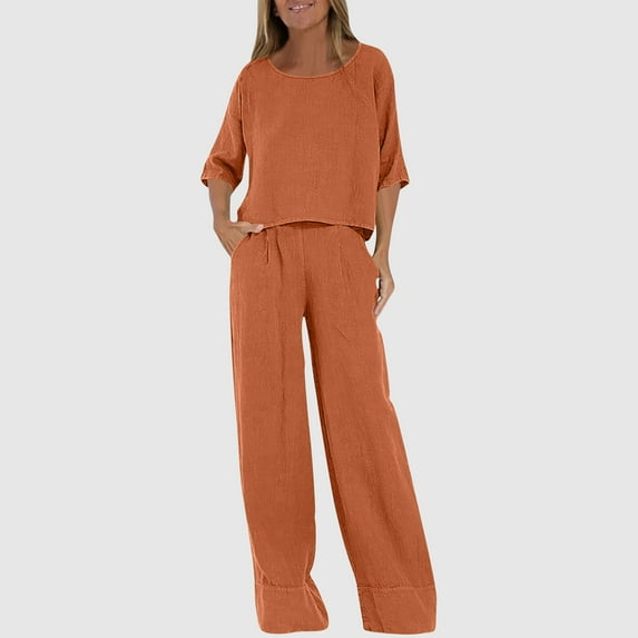 Roncen Women's Casual Loose-Fit Solid Short Sleeve Pants Set - Relaxed Two-Piece Outfit with Round Neck T-Shirt & Stylish Shirt Co-ords, Pure Color Summer Lounge Wear