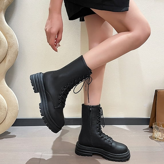 Roncen Women's Casual Mid-Calf Boots with Round Toe & Chunky Sole - Comfortable Lace-Up Side Zipper Ankle Boots in Solid Color for Fall Winter, Edgy Style