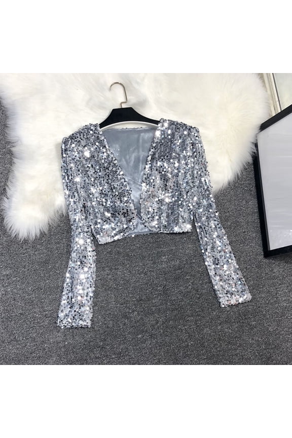 Women's Casual Party Sequined Cropped Cardigan - Long Sleeve Solid Color Sparkly Blouse for Gatherings, Parties and Special Occasions