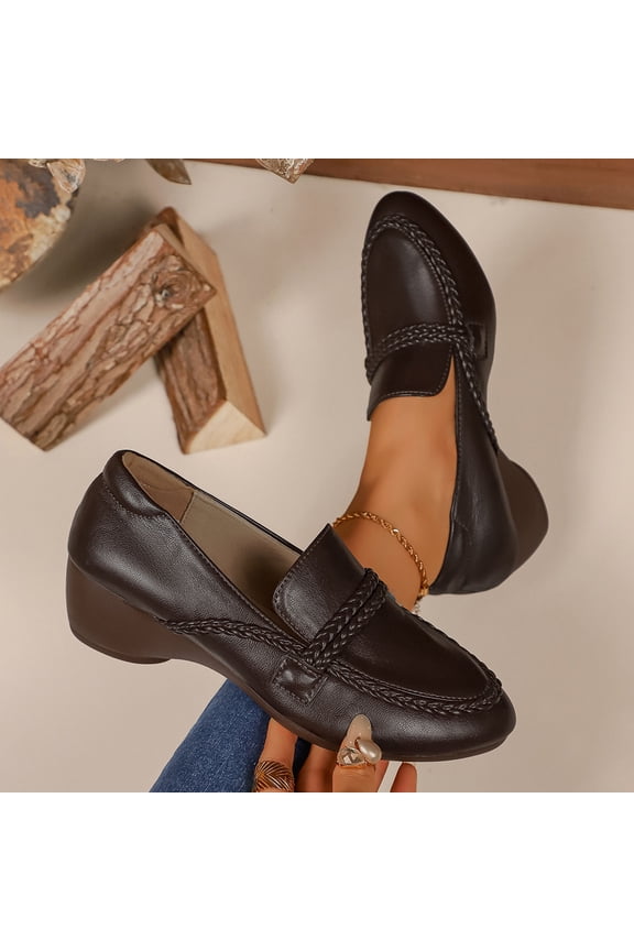 Women's Casual Platform Wedge Slip-On Shoes - All-Season Round Toe Leather Comfort Flats for Moms, Low Cut Solid Color Design