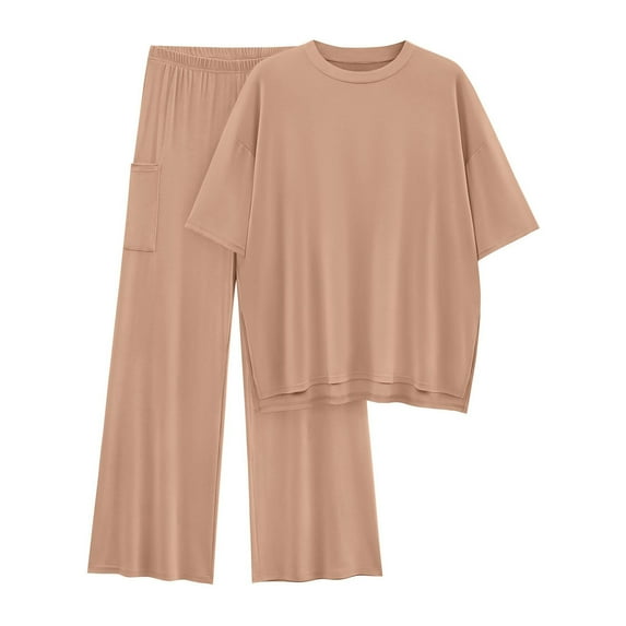 Roncen Women's Casual Set - Solid Color Round Neck Split Hem Short Sleeve Top & Elastic Waist Long Pants with Pockets, Comfortable Outfit