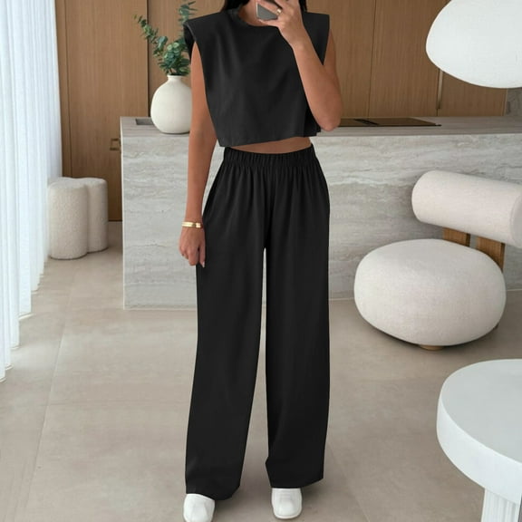 Roncen Women's Casual Shoulder Pad Sleeveless Set - Round Neck Top & Elastic Waist Pants 2-Piece Coordinated Outfit for Daily Wear