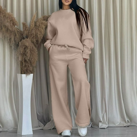 Roncen Women's Casual Solid Color Elastic Waist Loose Fit Sweatpants and Sweatshirt Set