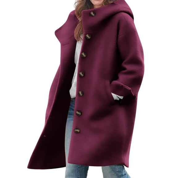 Roncen Women's Casual Solid Wool Blend Coat - Hooded Warm Long Sleeve Button Front Trench Coat with Pockets - Classic Mid-Length Outerwear for Winter, Timeless Design with Functional Side Pockets