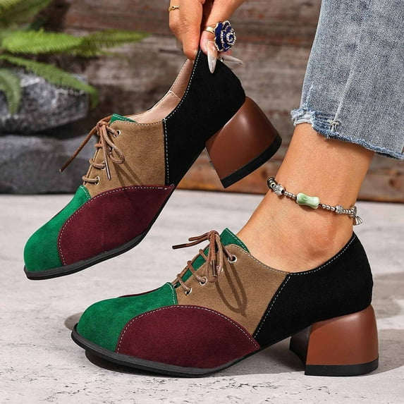 Roncen Women's Casual Suede Loafers - Vintage Two-Tone Lace-Up Lightweight Slip-On Shoes with Wide Width, Stylish Low-Cut Design for Everyday Outfits