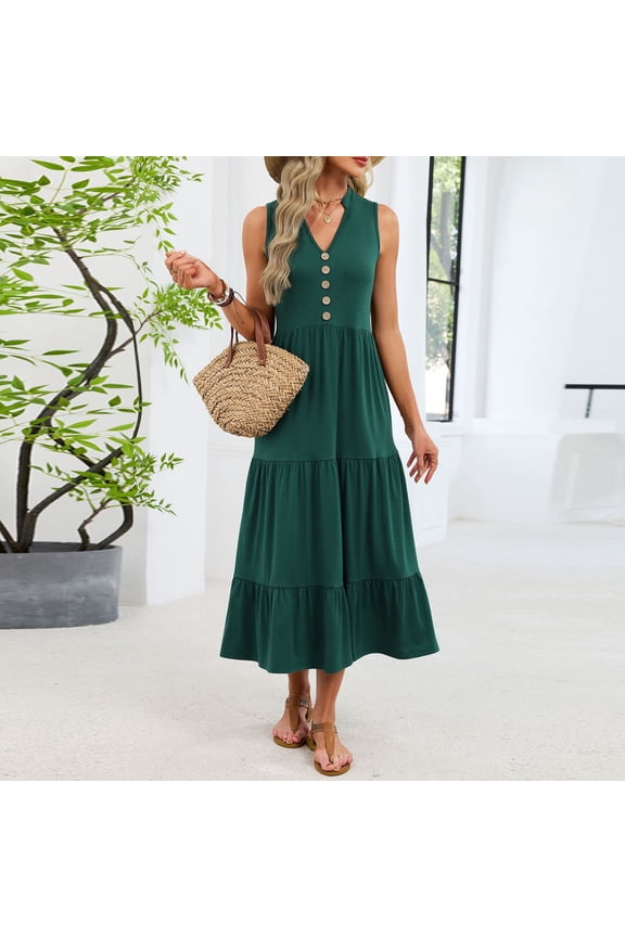 Women's Casual Summer Dress 2026 Sleeveless V Neck Button Beach Sundress Tiered Ruffle Flows Skirt Midi Dresses