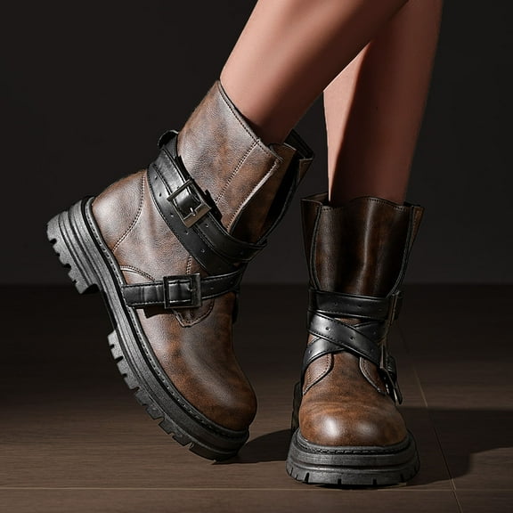 Roncen Women's Casual Winter Ankle Boots - British Style Round Toe Chunky Low Heel Shoes with Buckle Strap and Solid Color Design