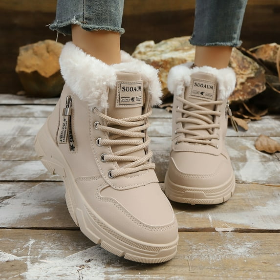 Roncen Women's Casual Winter Fleece-Lined Ankle Boots - Round Toe Front Lace-Up Flat Sole Chunky Booties with Thermal Insulation, Solid Color Short Boots for Fashion and Comfort