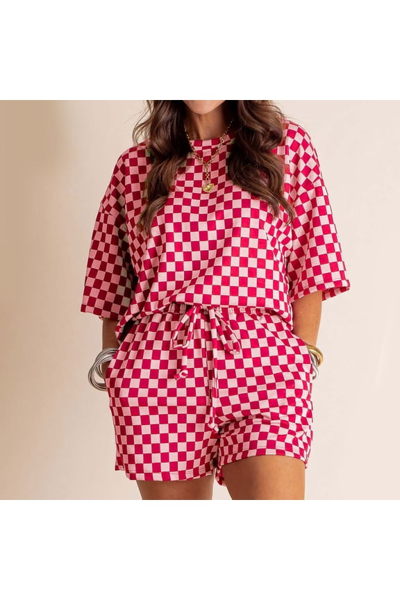 Women's Checkered Print Short Sleeve Top & Shorts Set - Comfortable Loose Fit Casual 2-Piece Outfit with Stylish Design