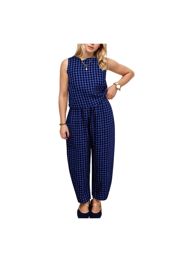 Women's Checkered Print Sleeveless Vest & High-Waisted Jogger Pants Set - Casual Two-Piece Outfit with DNaturalstring Waist & Cropped Trousers