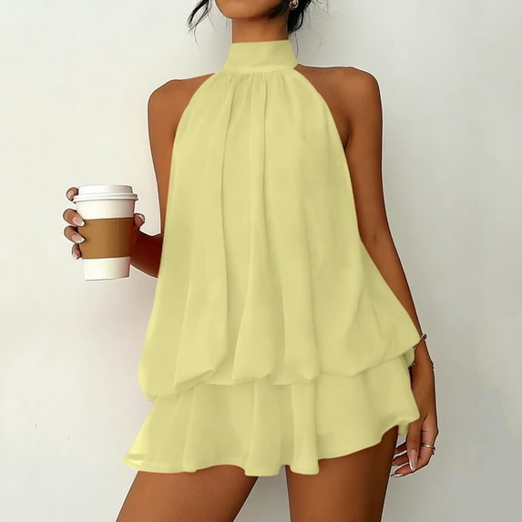 Roncen Women's Chiffon Halter Drop Waist Wedding Guest Dresses Ruffle Summer Mini Dress Brunch Outfits
