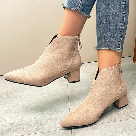 Roncen Women's Chunky Heel Ankle Boots - British Style Pointed Toe with Back Zipper & Low Heel for Autumn/Winter