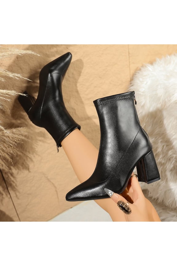 Women's Chunky Heel Ankle Boots - Fashion Pointed Toe with Metal Heel & Eye-Catching Back Zipper, Comfortable Casual Versatile Booties for Autumn Winter