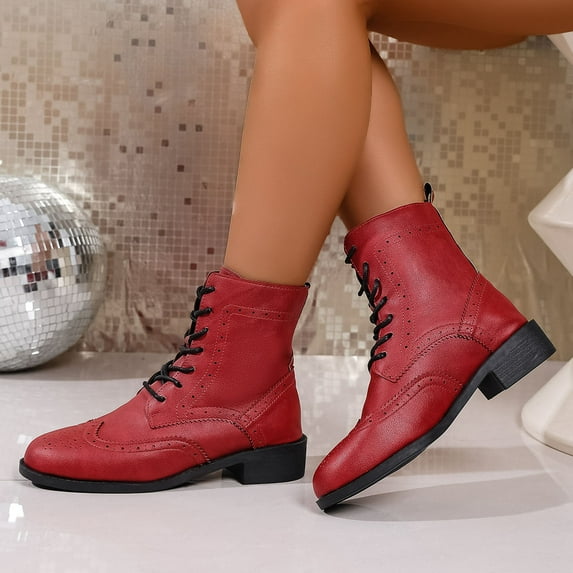 Roncen Women's Chunky Heel Ankle Boots - Lace-Up with Carved Floral Design for Fall Winter Wear