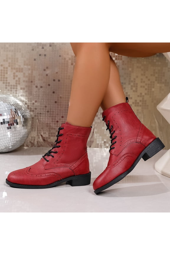 Women's Chunky Heel Ankle Boots - Lace-Up with Carved Floral Design for Fall Winter Wear