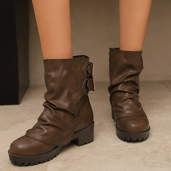 Roncen Women's Chunky Heel Ankle Boots - Punk Style Buckle Decor Casual Stackable Shaft Low Heel Booties for Autumn Winter Fashion
