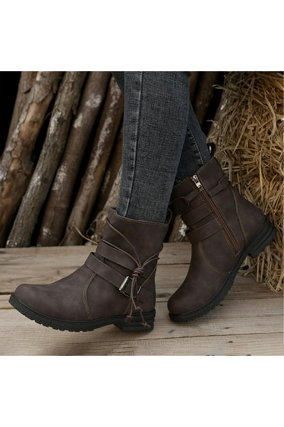 Women's Chunky Heel Boots - Lace-Up Mid Calf with Adjustable Straps for Autumn Winter Wear