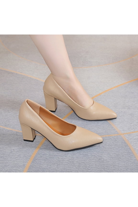 Women's Chunky Heel High Heels - Fashion Casual Slip On Pointed Toe Low Cut Pumps with Solid Color Design for All-Season Wear