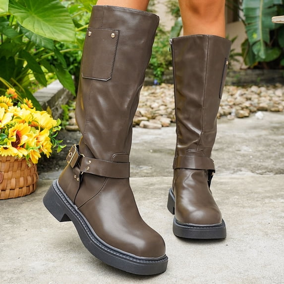 Roncen Women's Chunky Heel Mid-Calf Boots - Solid Color Thick Sole Ankle Boots with Metal Buckle for Fall Winter, Casual Trendy & Versatile Dress Shoes