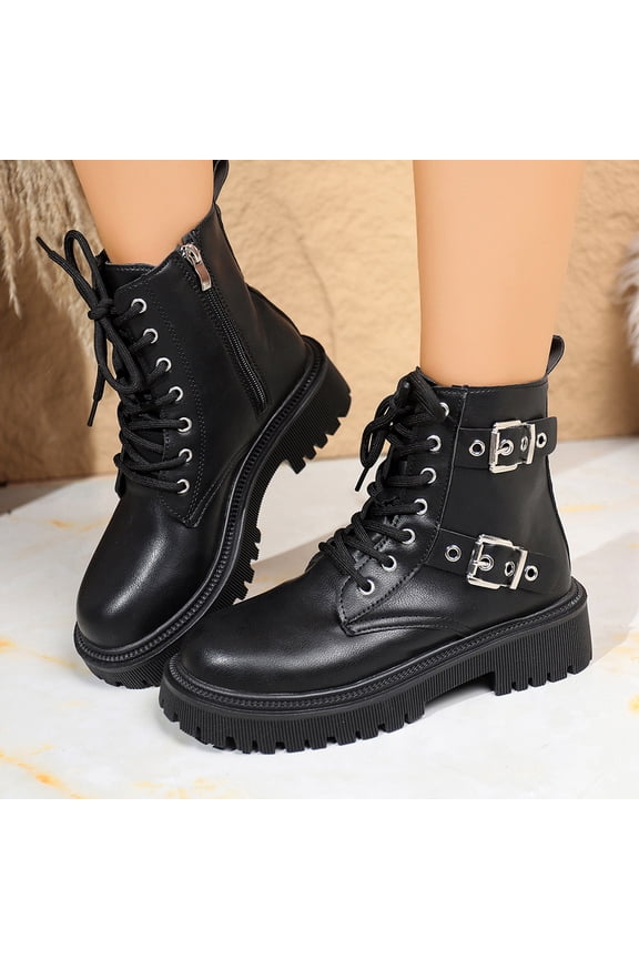 Women's Chunky Lace-up Ankle Boots with Belt Buckle - British Style Round Toe Low Heel Shoes for Autumn Winter, Edgy Sweet Fashion Casual Versatile Design