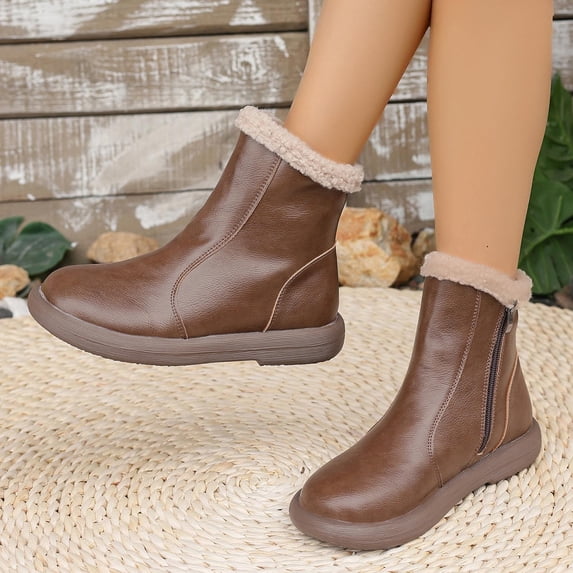 Roncen Women's Chunky Platform Ankle Boots with Faux Fur Collar - Retro British Style Casual Shoes with Side Zipper, Round Toe and Flat Heel, Solid Color Versatile Design for Everyday Outfits
