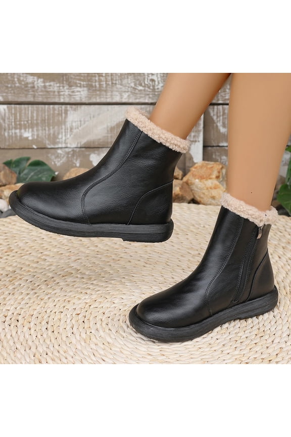 Women's Chunky Platform Ankle Boots with Faux Fur Collar - Retro British Style Casual Shoes with Side Zipper, Round Toe and Flat Heel, Solid Color Versatile Design for Everyday Outfits