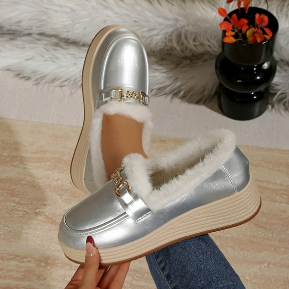 Roncen Women's Chunky Platform Loafers - Plus Size Metallic Accent Plush Fleece-Lined Slip-Ons for Fall Winter, Trendy Edgy Stylish Casual Dress Shoes with Warm Comfort