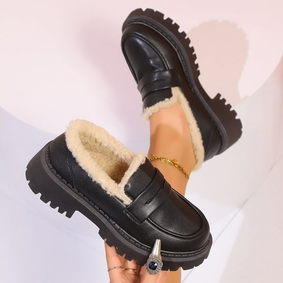 Roncen Women's Chunky Platform Mid Heel Loafers - Wide Width Fleece Lined Fall Winter Comfortable Height Increasing Shoes