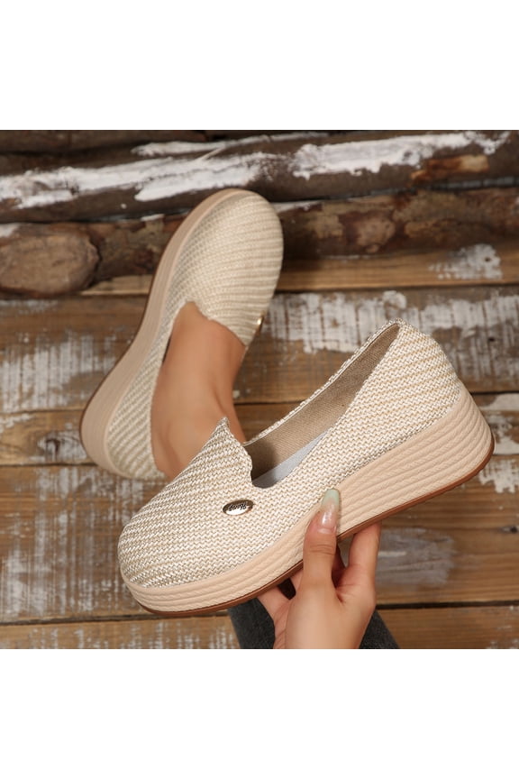 Women's Chunky Sole Slip-On Loafers with Woven Straw Accents - Stylish Wide Width Platform Shoes for Fall Winter, Comfortable Height Elevating Casual Chic Footwear