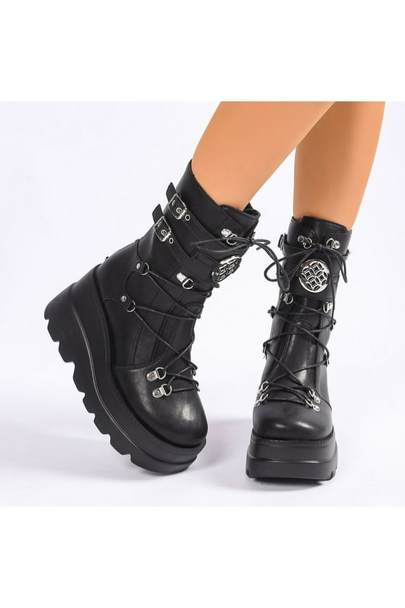 Women's Chunky Thick Sole Boots - Metal Buckle Strap & Mid Calf for Autumn Winter Wear