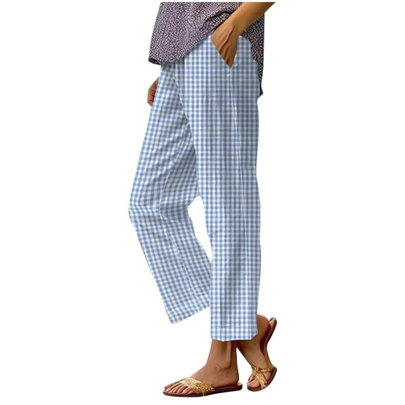 Roncen Women's Classic Checkered Straight Leg Pants - Casual Elastic Waist Trousers in Cotton-Linen Blend