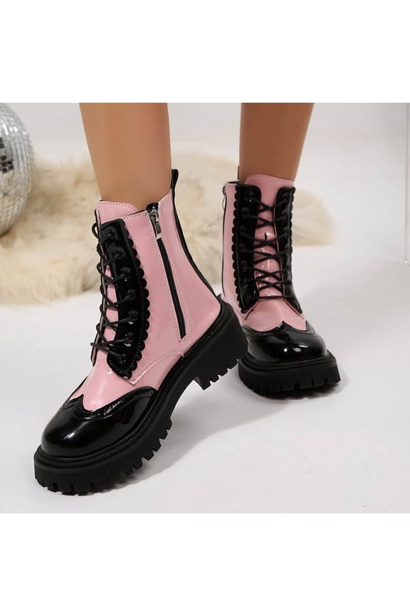 Women's Color Block Chunky Ankle Boots - Platform Sole British Style Wide Width Fall Winter Shoes with Comfortable Low Heel Slip-On Design