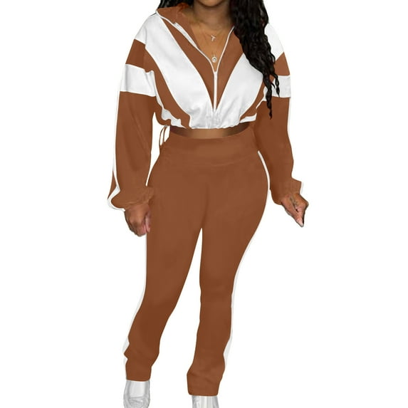 Roncen Women's Color-Block Two-Piece Set - Sporty Casual Elastic Waist Jogger Outfit with Contrast Panels & Button Closure for Fall/Winter