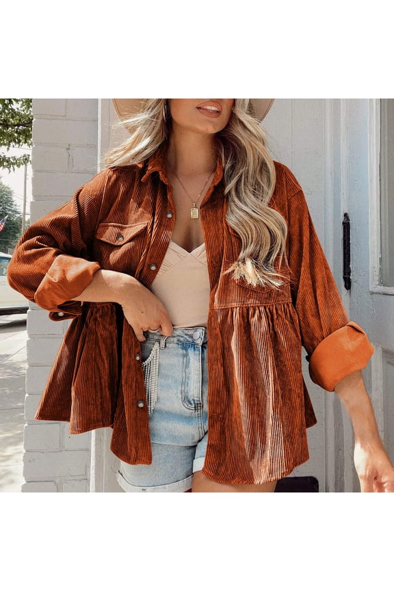 Women's Corduroy Shirt Jacket - Long Sleeve Single Breasted Lapel Casual Cardigan Coat - Open Front Lightweight Outerwear with Decorative Buttons and Pockets