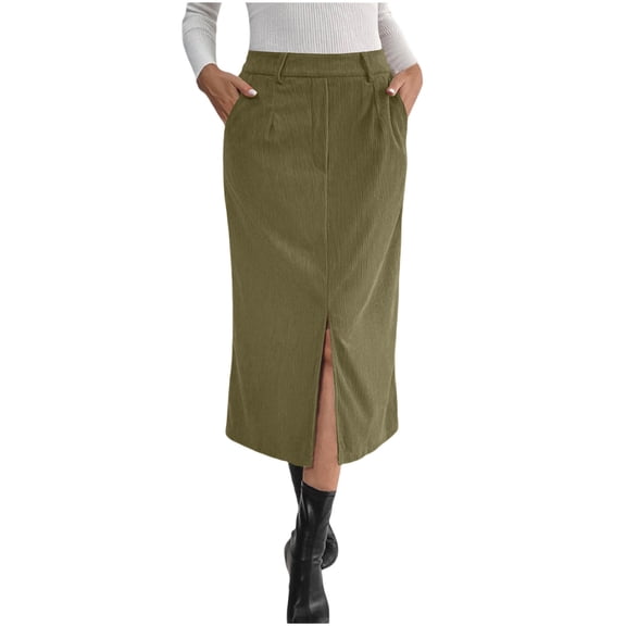 Roncen Women's Corduroy Vintage A-Line Midi Skirt - Autumn Winter Elegant Commute High Waist Skirt with Side Slit for Office Daily Wear