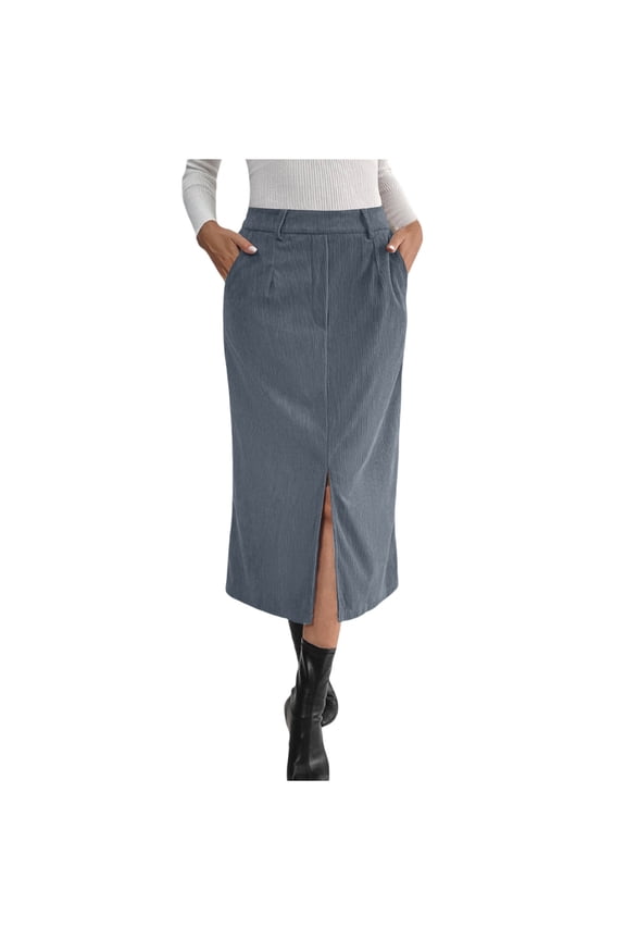 Women's Corduroy Vintage A-Line Midi Skirt - Autumn Winter Elegant Commute High Waist Skirt with Side Slit for Office Daily Wear