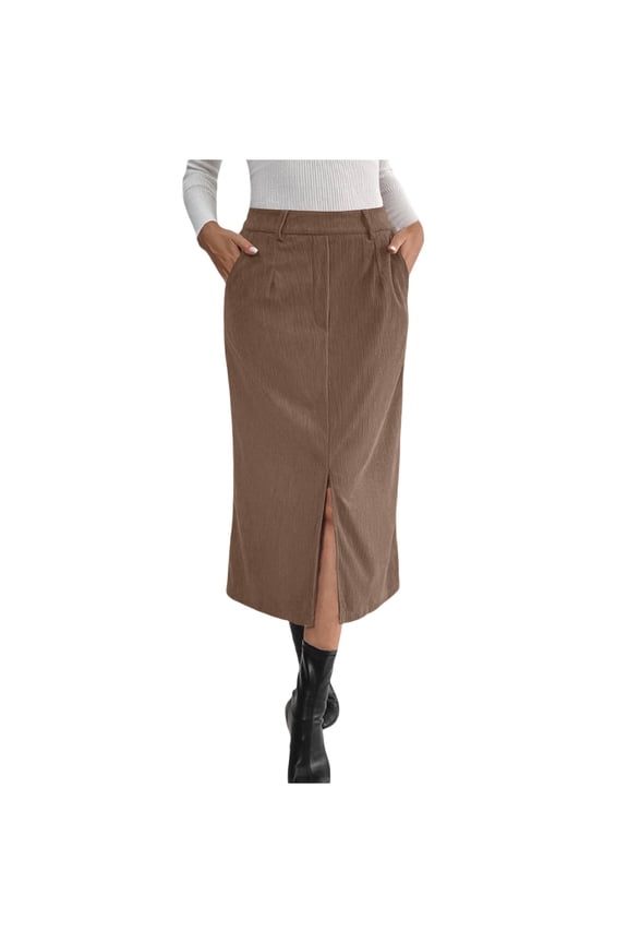 Women's Corduroy Vintage A-Line Midi Skirt - Autumn Winter Elegant Commute High Waist Skirt with Side Slit for Office Daily Wear