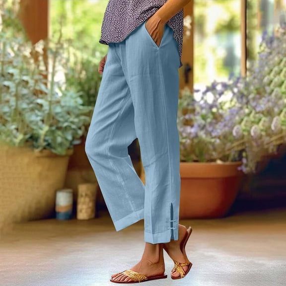 Roncen Women's Cotton-Linen Casual Pants - Straight Leg Elastic Waist Trousers with Pockets & Button Detail at Hem
