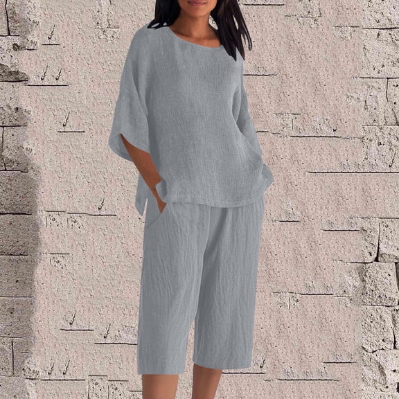 Roncen Women's Cotton-Linen Casual Set - Round Neck Three-Quarter Sleeve Top & Elastic Waist Cropped Pants, Solid Color Comfy Two-Piece Outfit for Summer