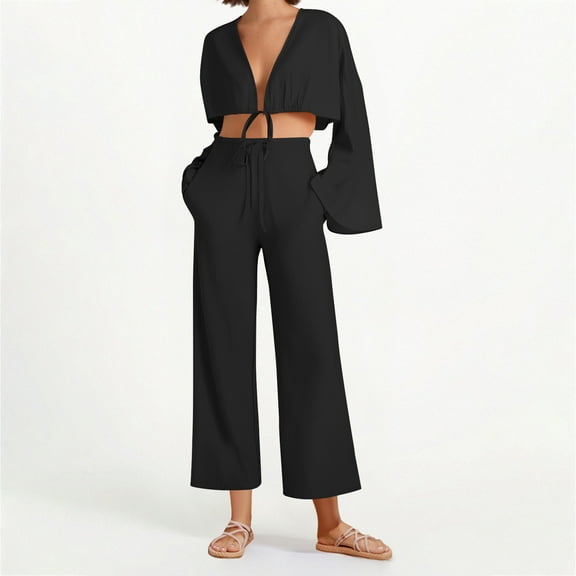 Roncen Women's Cotton Linen Set - Spring Summer V-Neck Casual Long Sleeve Pants & Top with Solid Color & Comfort Fit
