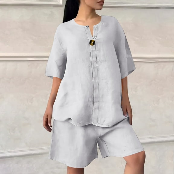 Roncen Women's Cotton Linen Solid Color Two-Piece Set - Relaxed Fit Top & Elastic Waist Shorts Combo for Casual Summer Outfits