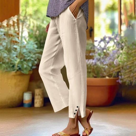 Roncen Women's Cotton Linen Wide Leg Pants - Casual Straight Leg Trousers with Elastic Waist & Solid Color for Versatile Styling