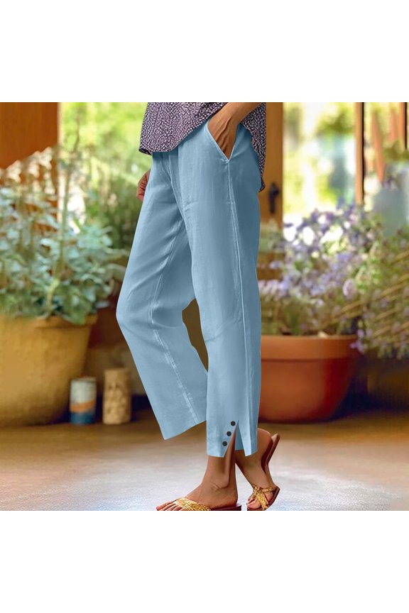 Women's Cotton Linen Wide Leg Pants - Casual Straight Leg Trousers with Elastic Waist & Solid Color for Versatile Styling