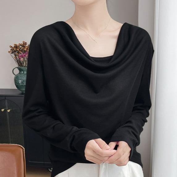 Roncen Women's Cowl Neck Long Sleeve Top, Solid Color Draped Basic Blouse, Stretchy Layering Essential