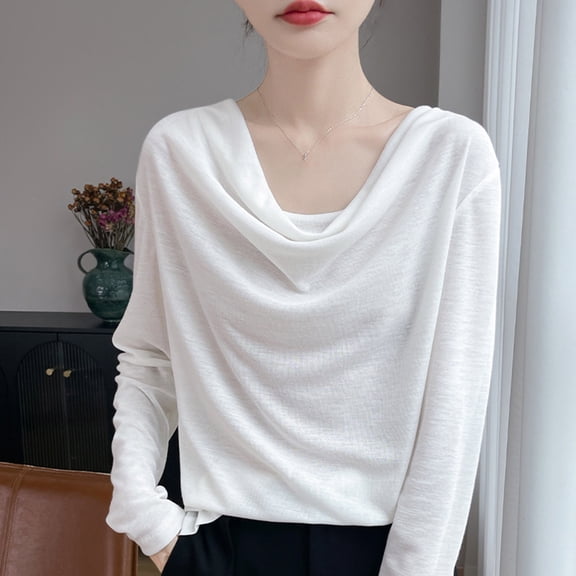 Roncen Women's Cowl Neck Long Sleeve Top, Solid Color Draped Basic Blouse, Stretchy Layering Essential