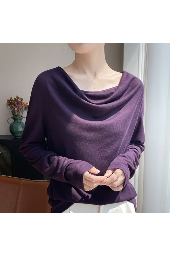 Women's Cowl Neck Long Sleeve Top, Solid Color Draped Basic Blouse, Stretchy Layering Essential