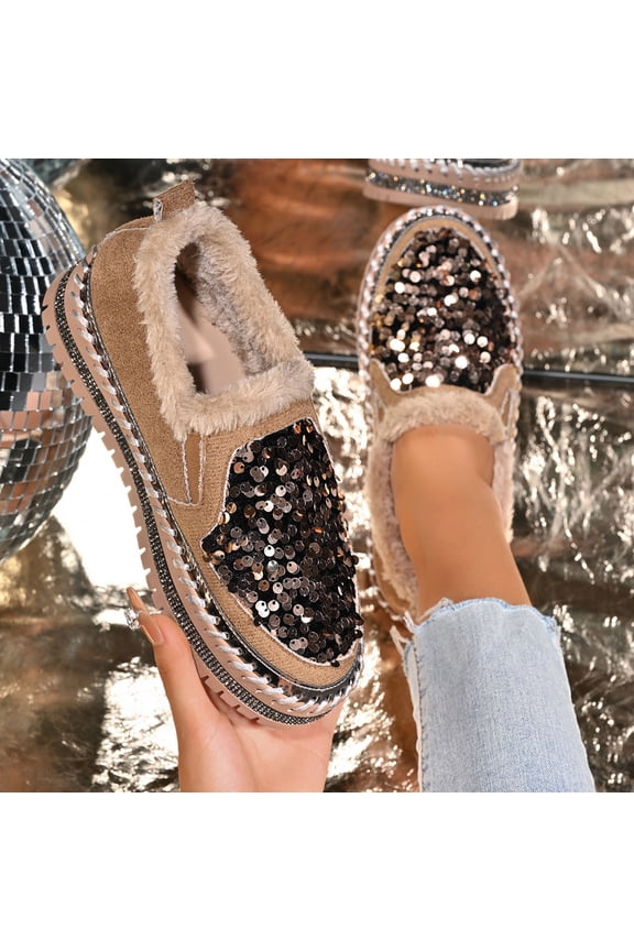 Women's Cozy Fluffy Glitter Platform Flats - Sweet & Edgy Winter Slip-On Shoes with Thick Sole, Warm Faux Fur Lining, Wide Width Options, Trendy Non-Slip Casual Footwear for Cold Weather